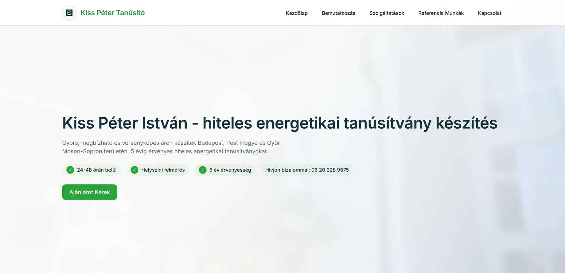 Energetikai tanúsító weboldal képernyőképe — Nyitókép