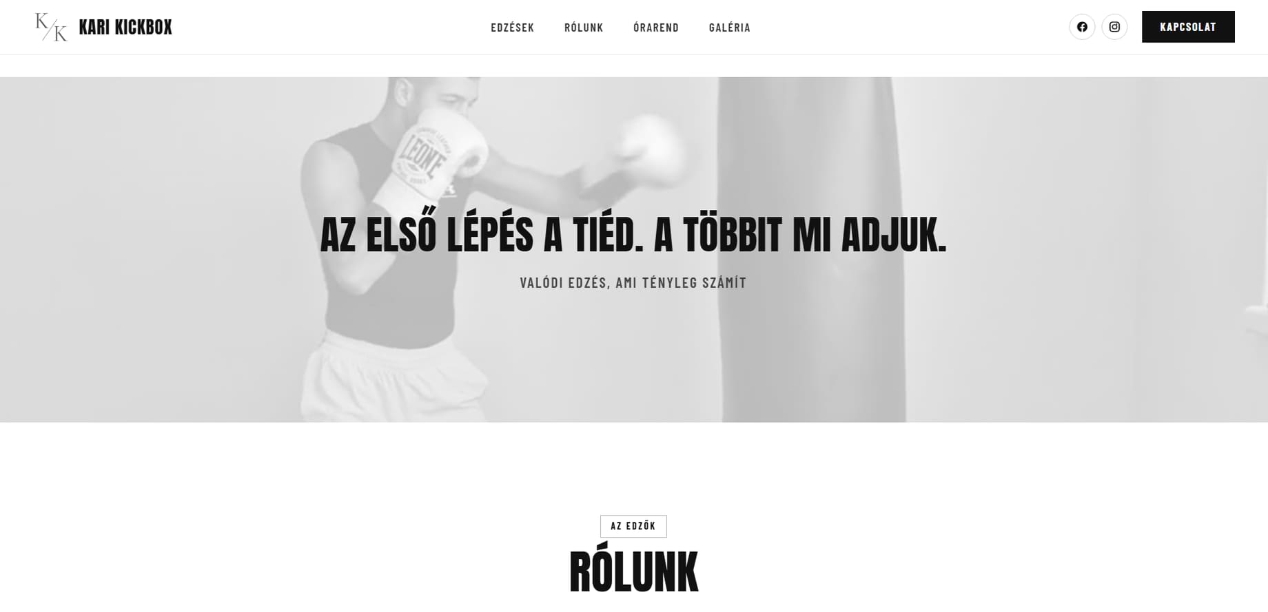 A Kari Kickbox edzőterem weboldalának képernyőképe — Rólunk