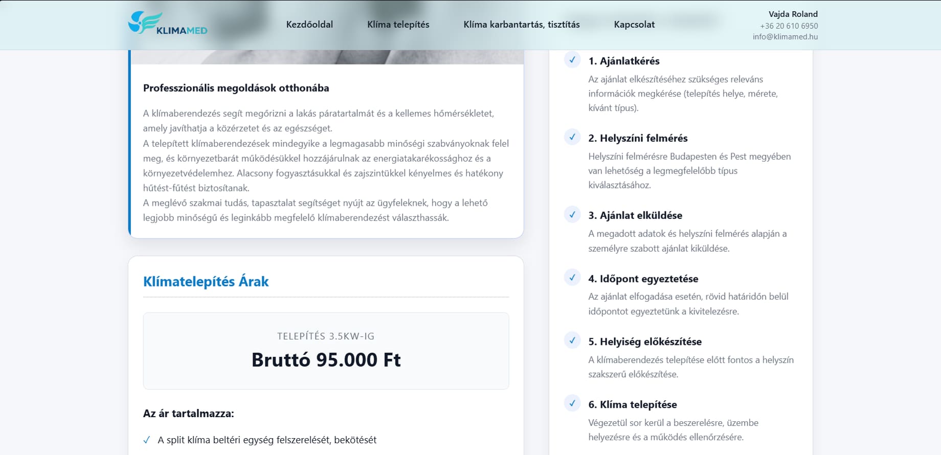 Klímaszerelő landing oldal képernyőképe — Árak