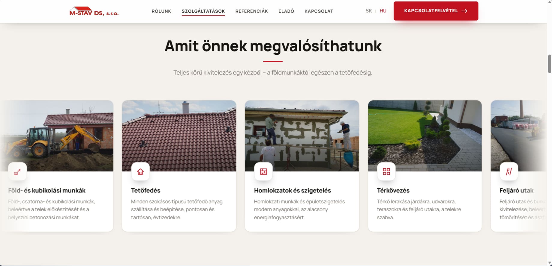 Az M-STAV DS építőipari kivitelező weboldalának képernyőképe — Szolgáltatások