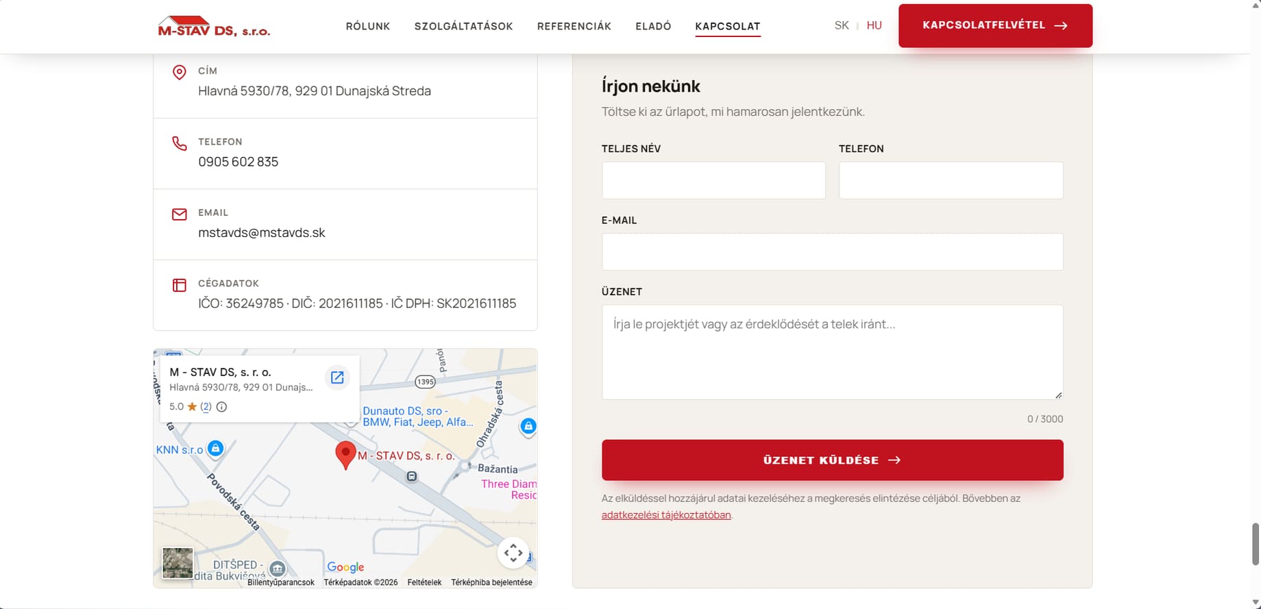 Az M-STAV DS építőipari kivitelező weboldalának képernyőképe — Kapcsolat